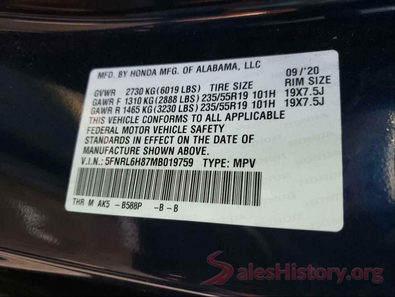 5FNRL6H87MB019759 2021 HONDA ODYSSEY