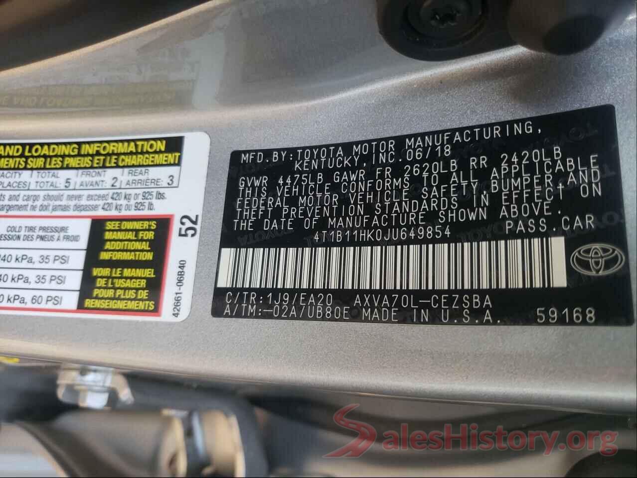 4T1B11HK0JU649854 2018 TOYOTA CAMRY