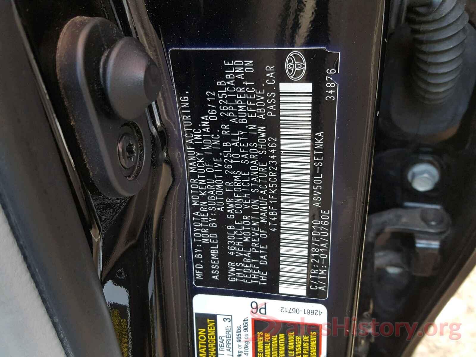4T4BF1FK5CR234462 2012 TOYOTA CAMRY BASE