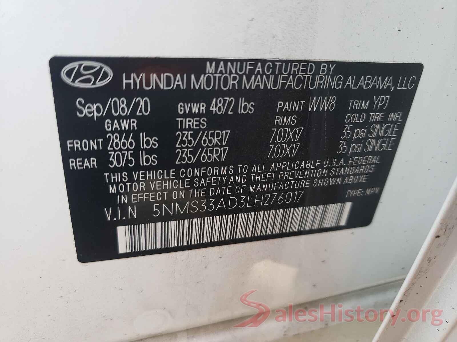 5NMS33AD3LH276017 2020 HYUNDAI SANTA FE