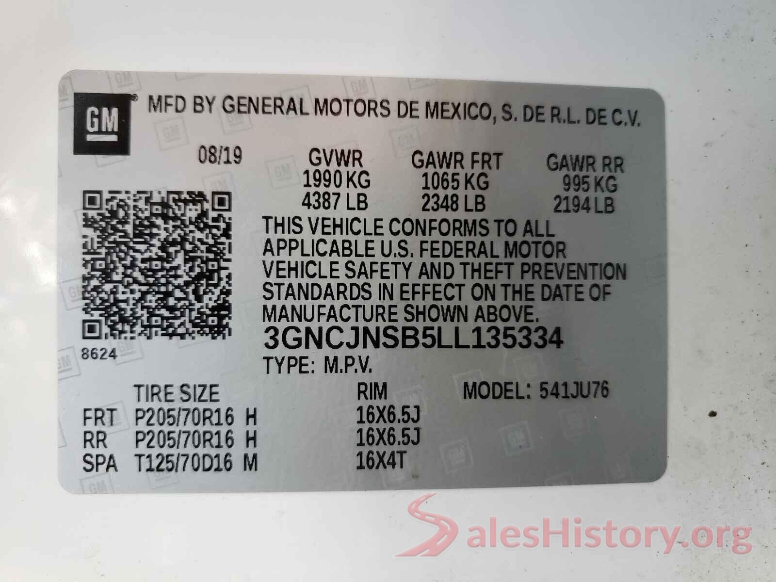 3GNCJNSB5LL135334 2020 CHEVROLET TRAX