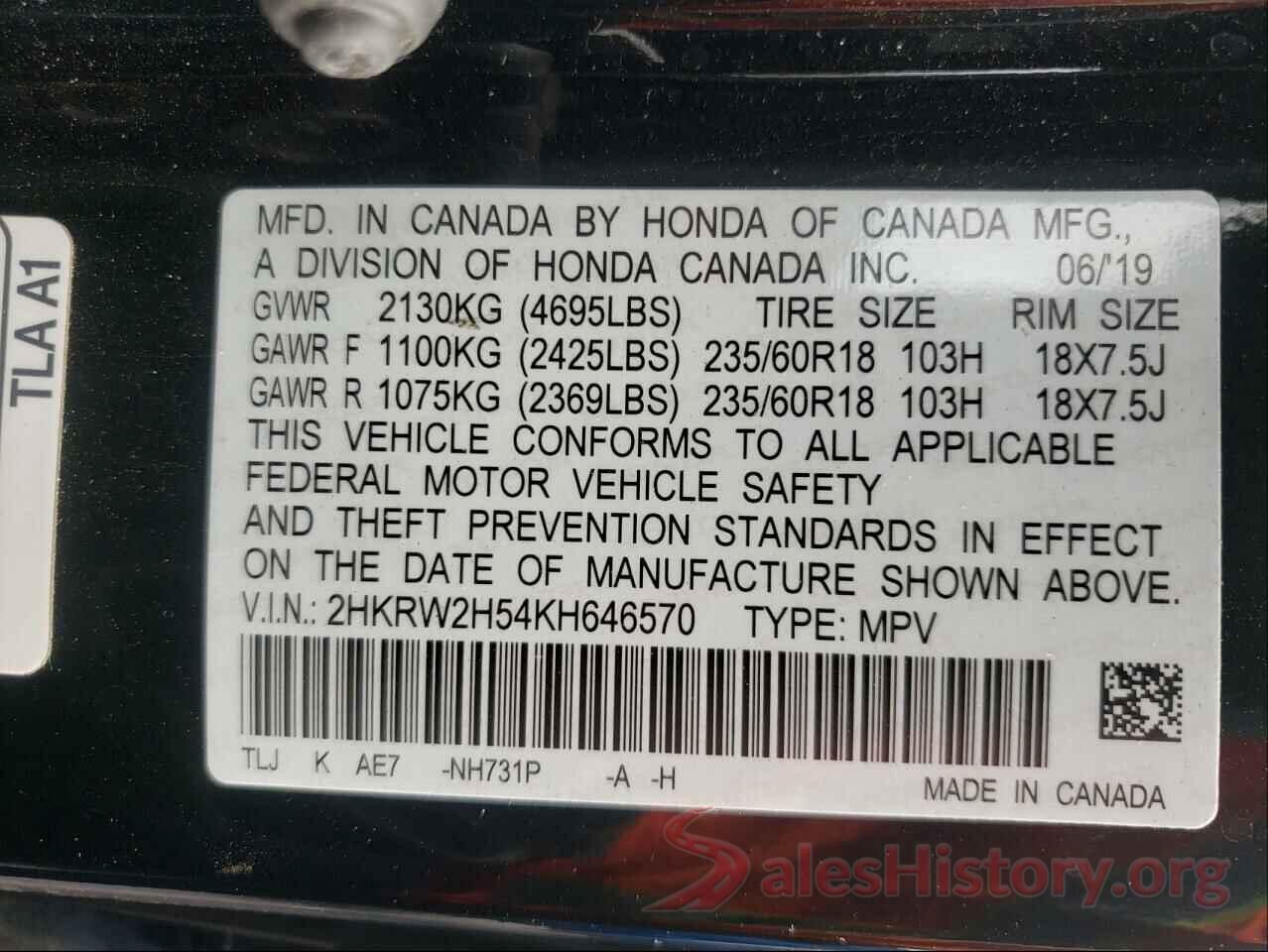 2HKRW2H54KH646570 2019 HONDA CRV