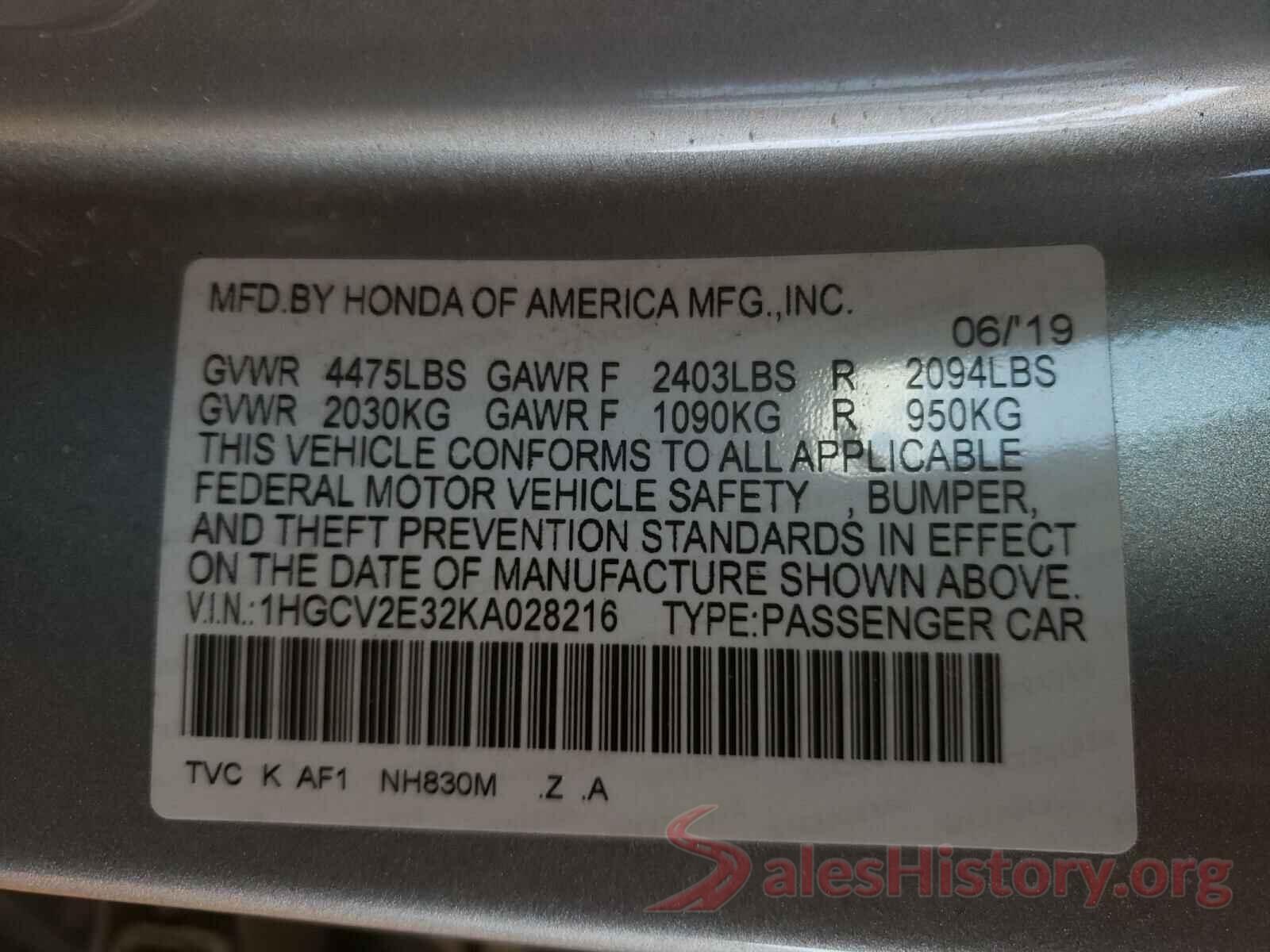 1HGCV2E32KA028216 2019 HONDA ACCORD