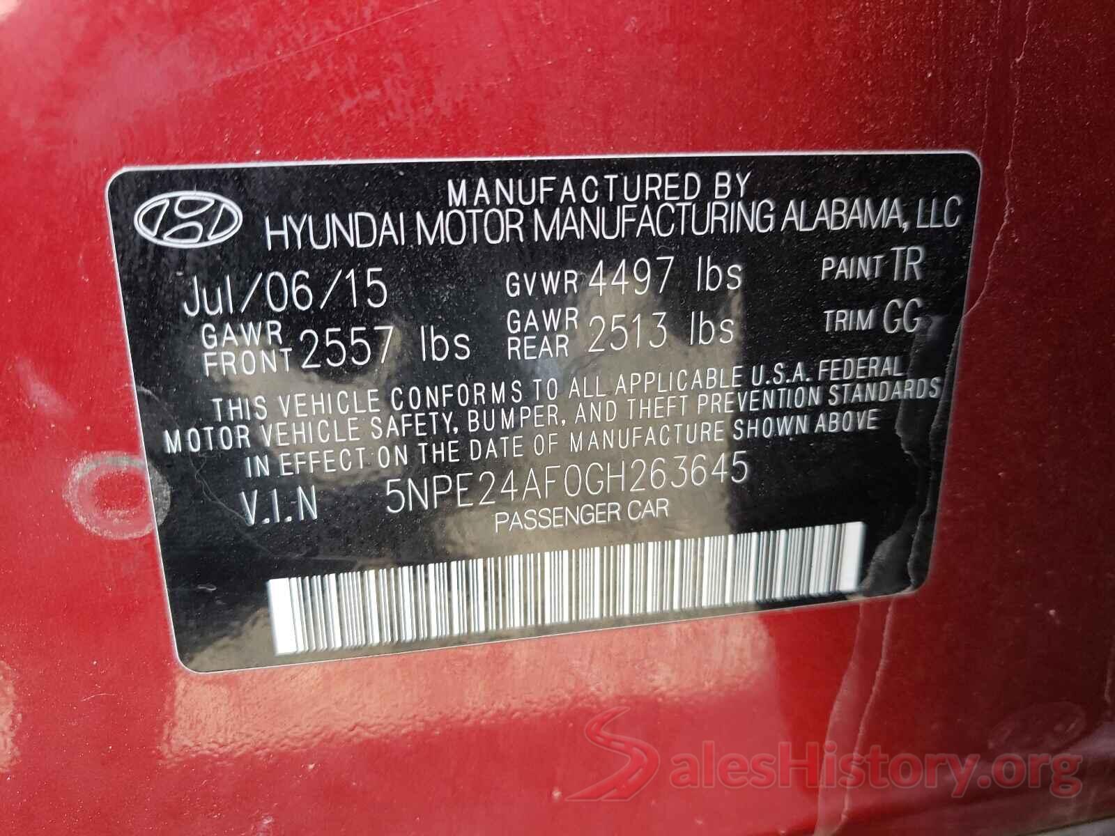 5NPE24AF0GH263645 2016 HYUNDAI SONATA