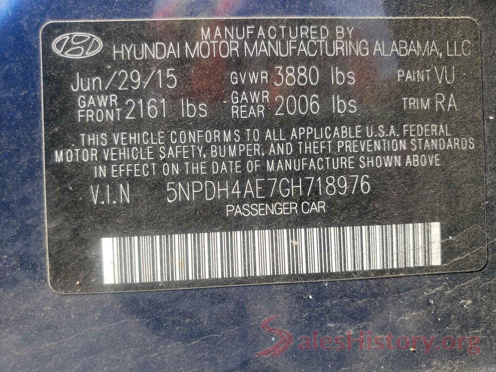 5NPDH4AE7GH718976 2016 HYUNDAI ELANTRA