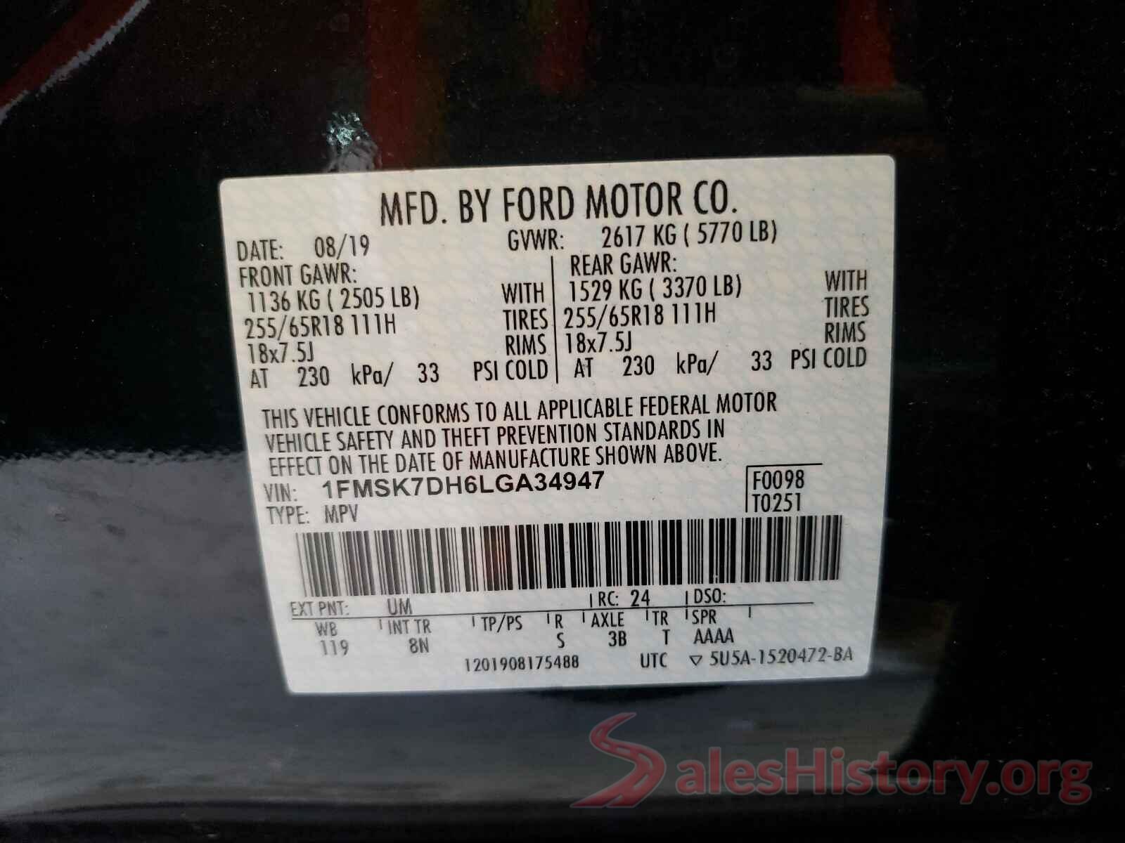 1FMSK7DH6LGA34947 2020 FORD EXPLORER