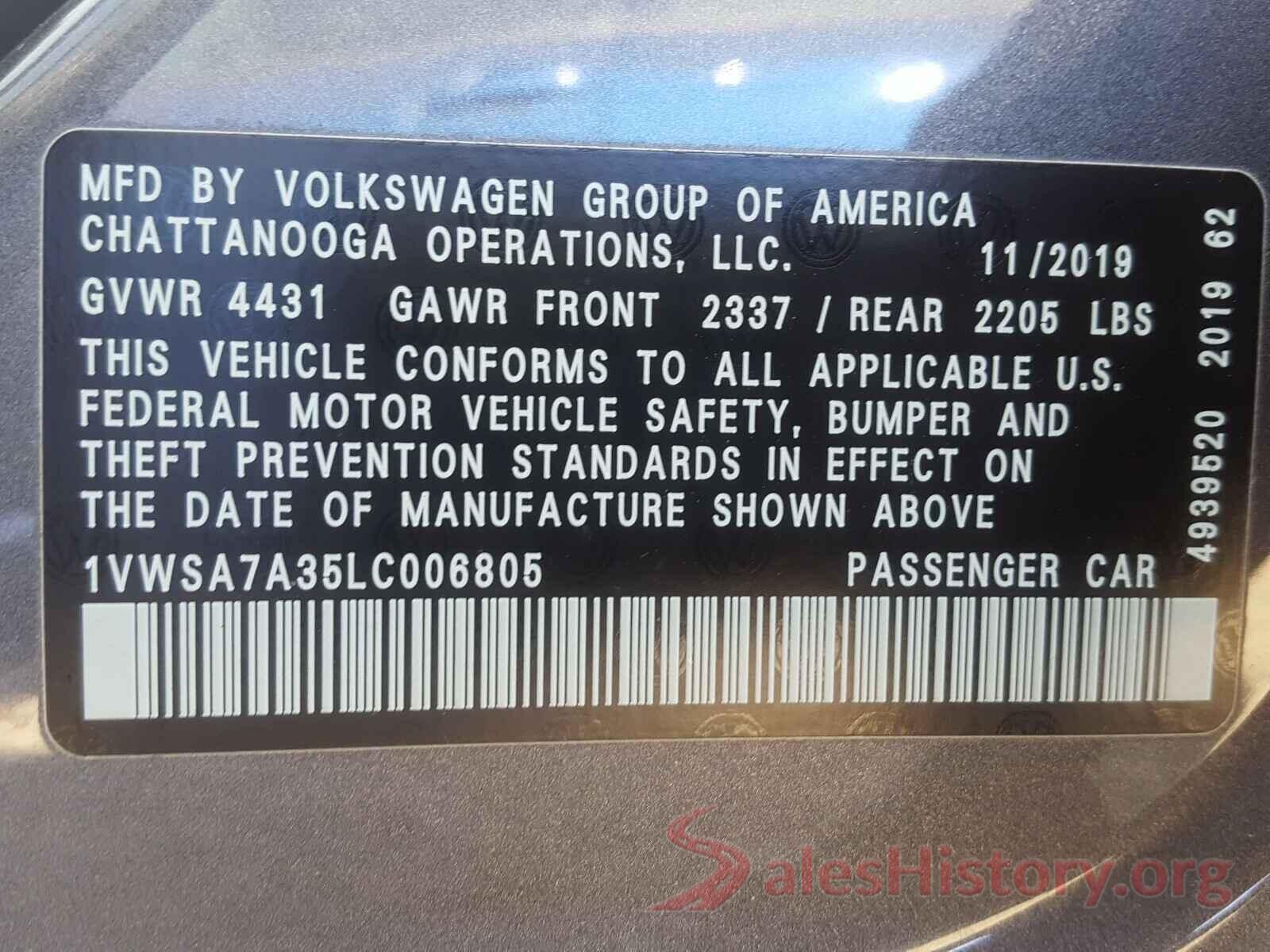 1VWSA7A35LC006805 2020 VOLKSWAGEN PASSAT