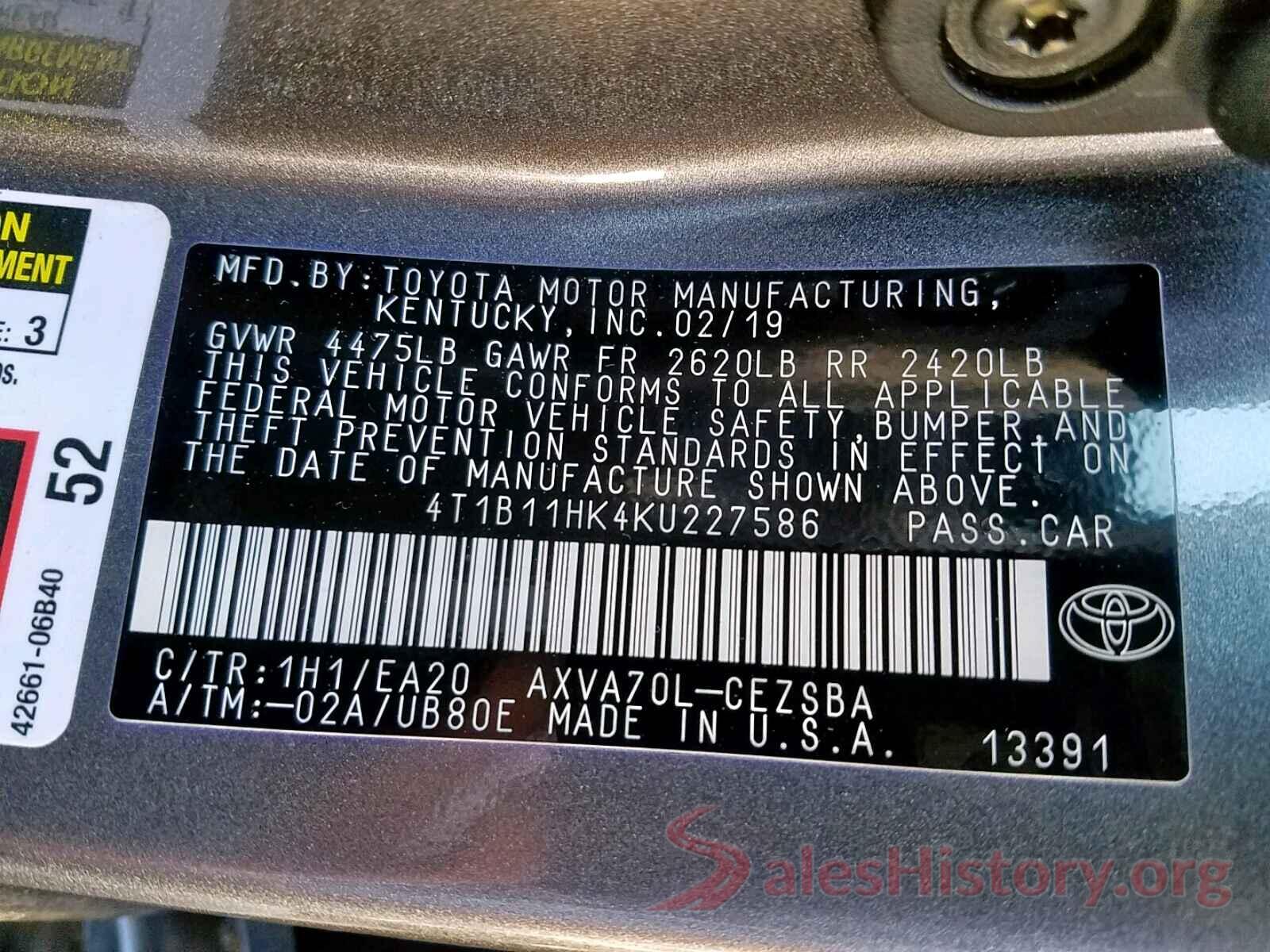 4T1B11HK4KU227586 2019 TOYOTA CAMRY