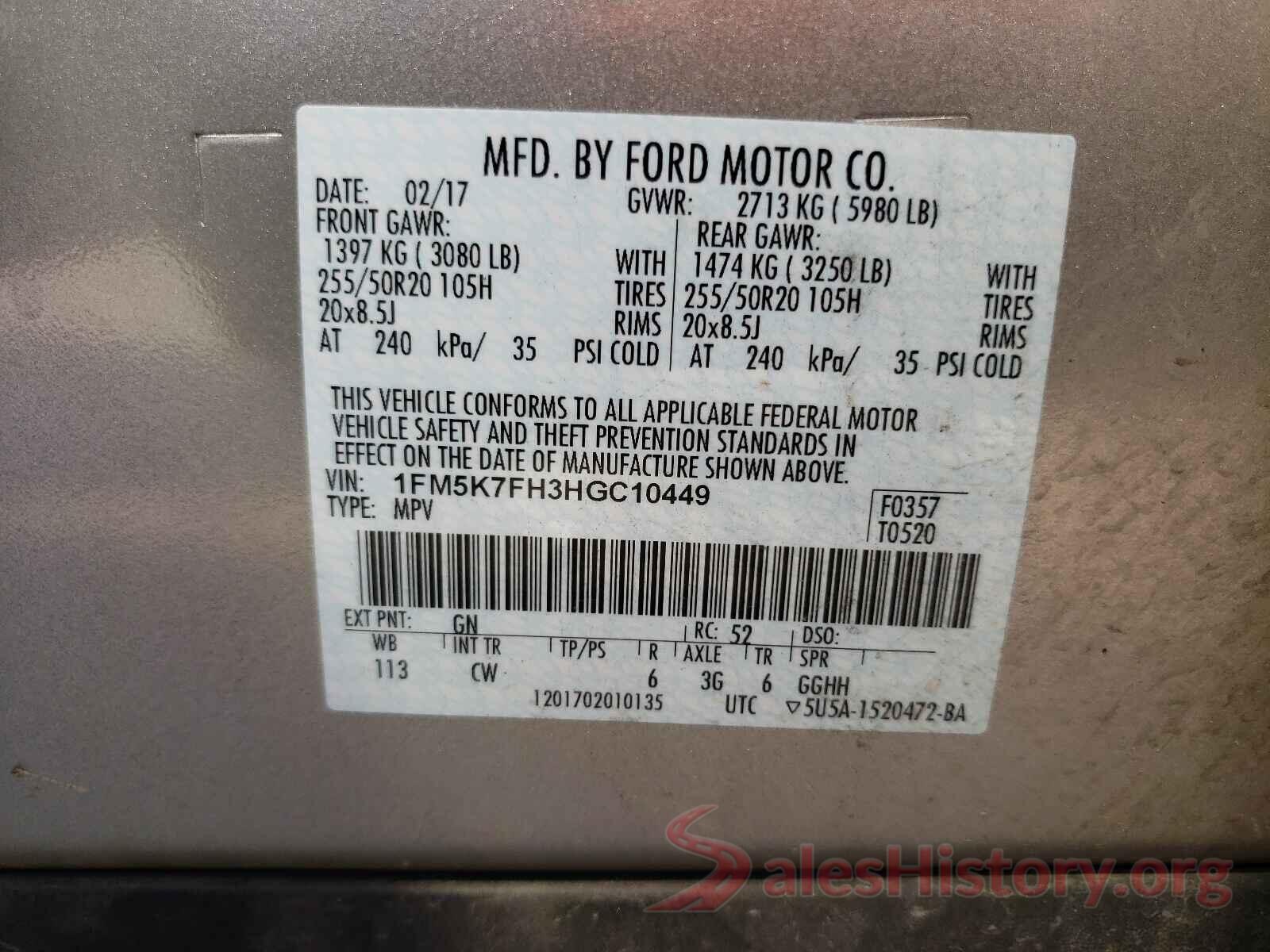 1FM5K7FH3HGC10449 2017 FORD EXPLORER