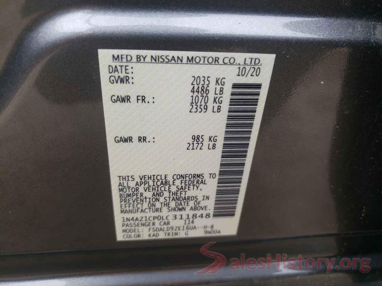 1N4AZ1CP0LC311848 2020 NISSAN LEAF