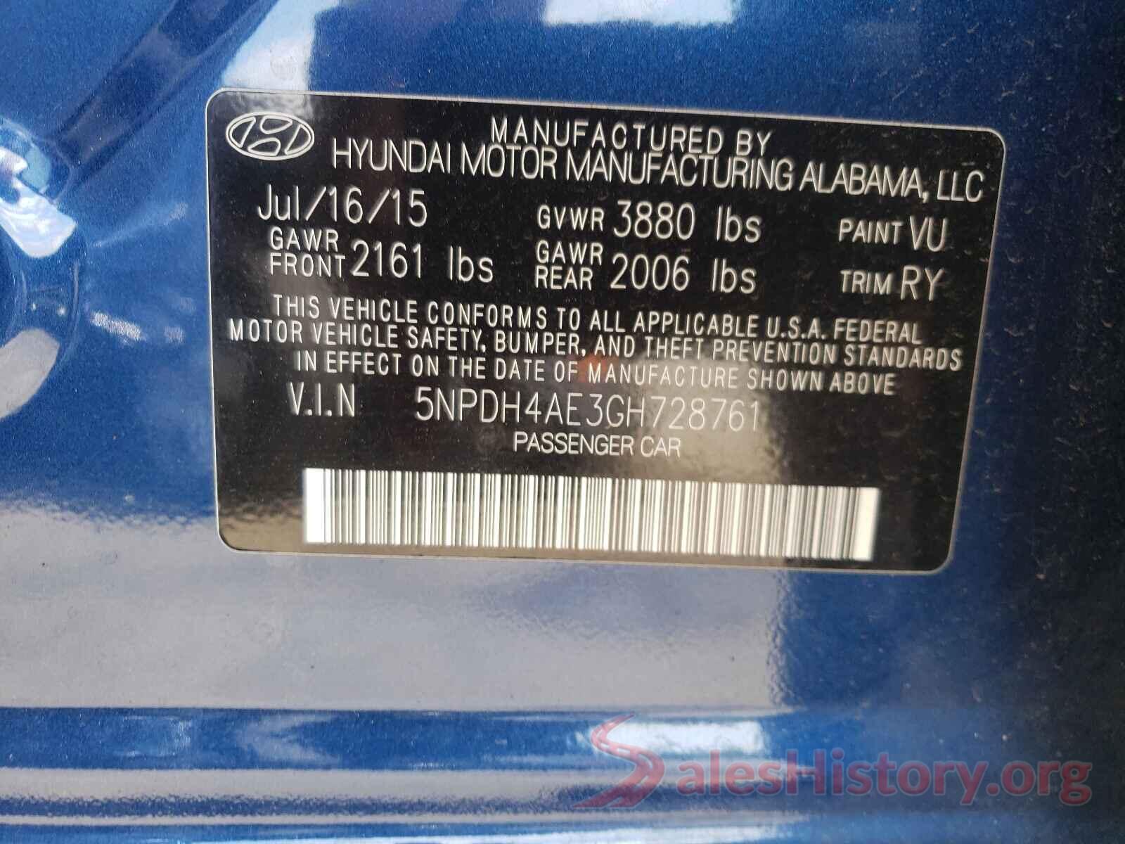 5NPDH4AE3GH728761 2016 HYUNDAI ELANTRA