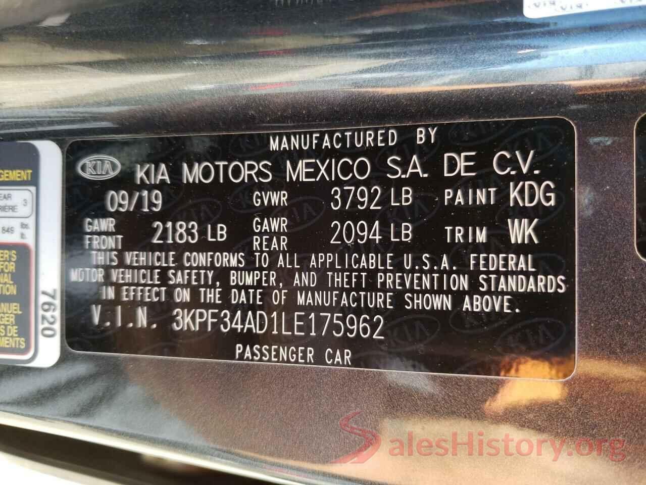 3KPF34AD1LE175962 2020 KIA FORTE