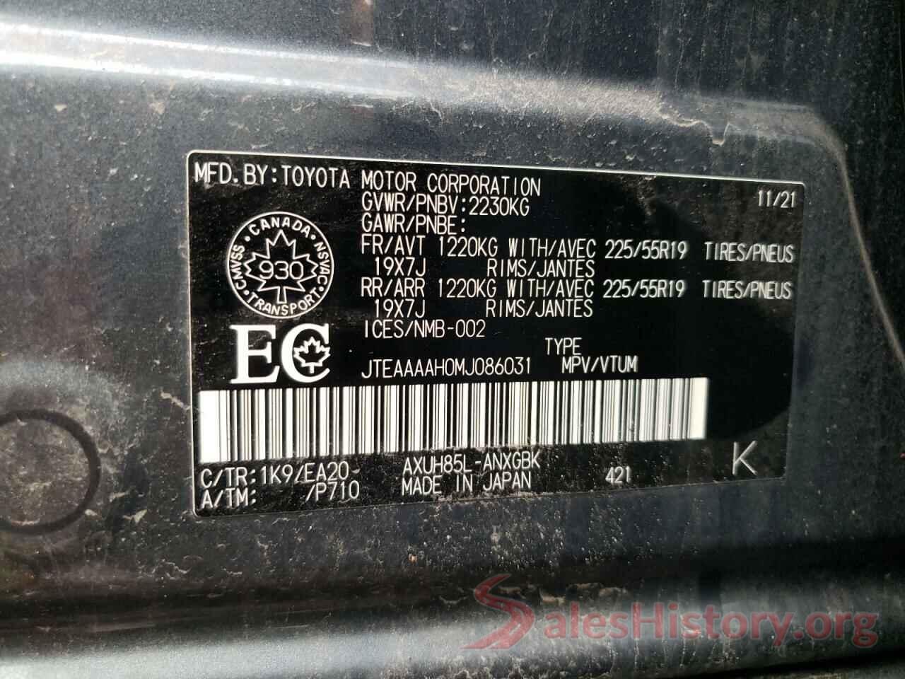 JTEAAAAH0MJ086031 2021 TOYOTA VENZA