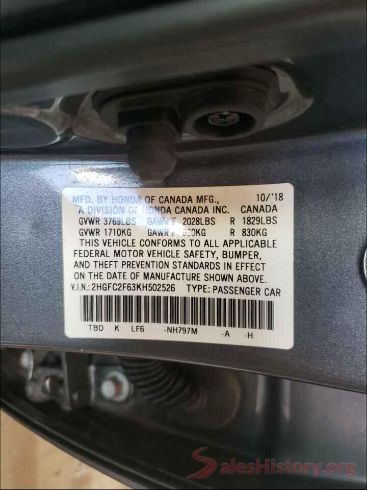 2HGFC2F63KH502526 2019 HONDA CIVIC