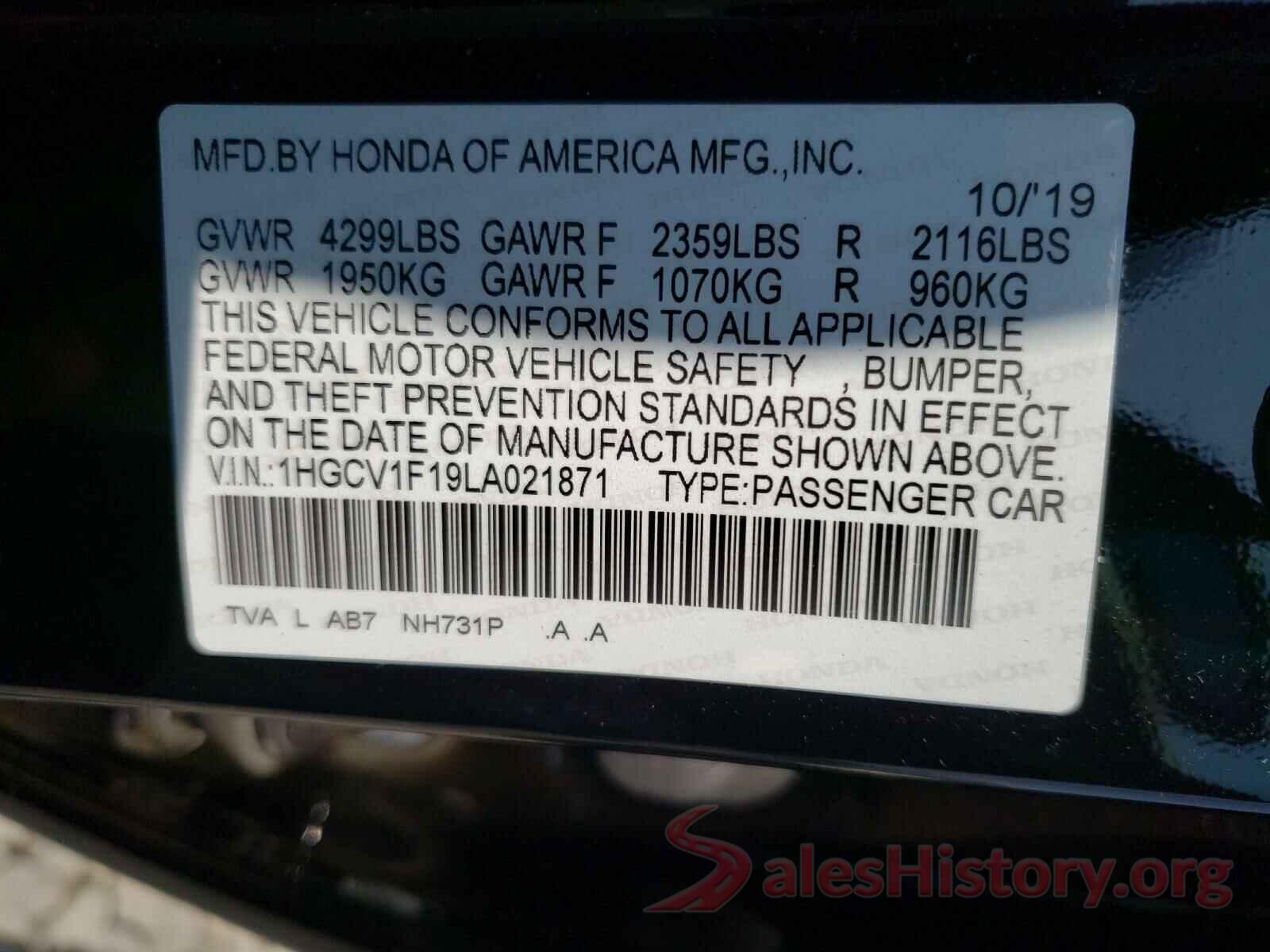 1HGCV1F19LA021871 2020 HONDA ACCORD