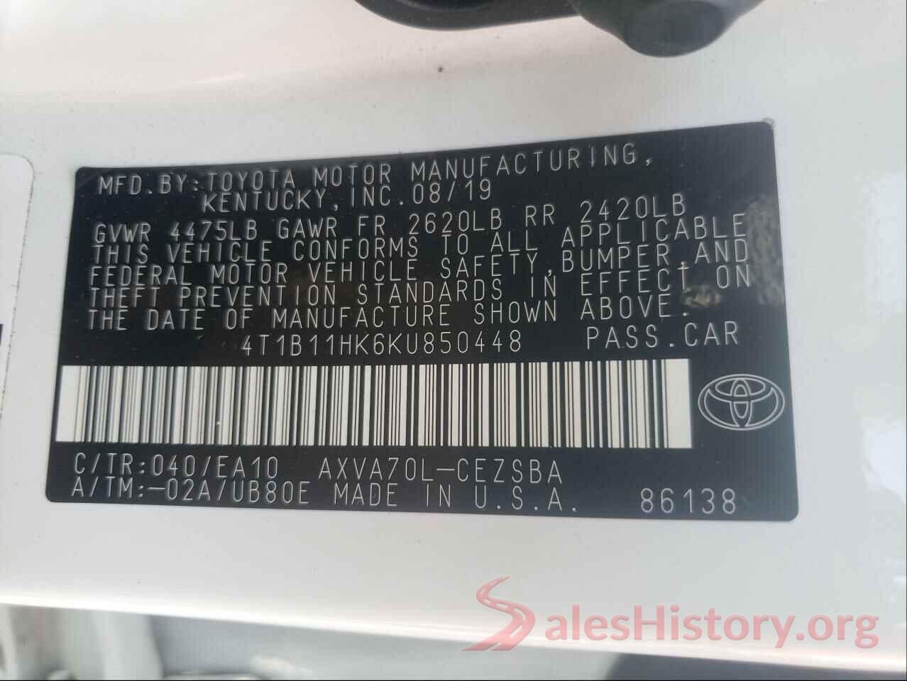 4T1B11HK6KU850448 2019 TOYOTA CAMRY