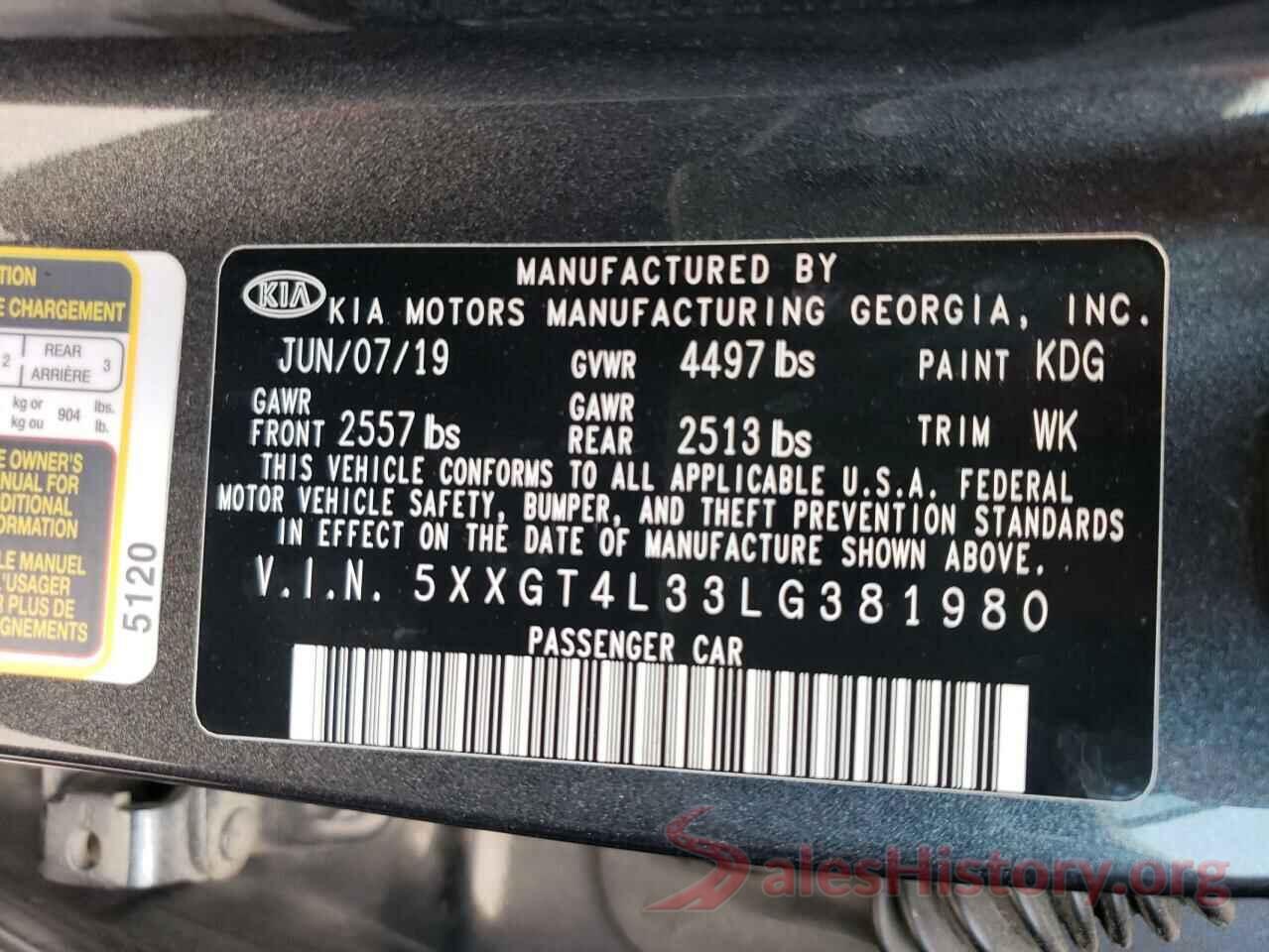 5XXGT4L33LG381980 2020 KIA OPTIMA