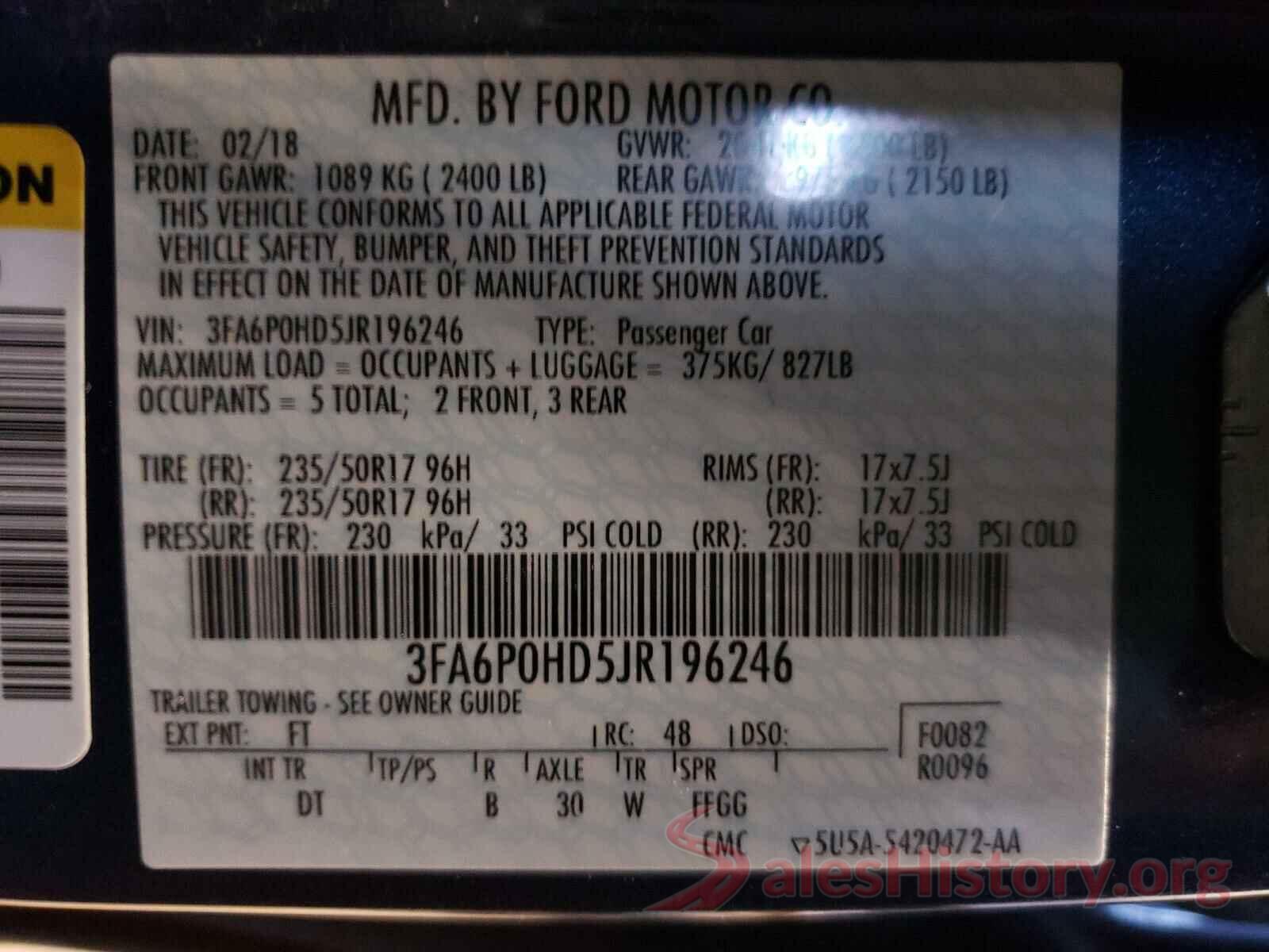 3FA6P0HD5JR196246 2018 FORD FUSION