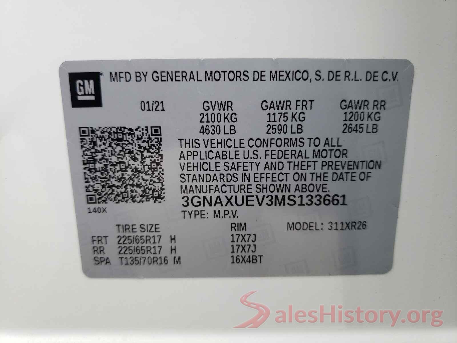 3GNAXUEV3MS133661 2021 CHEVROLET EQUINOX