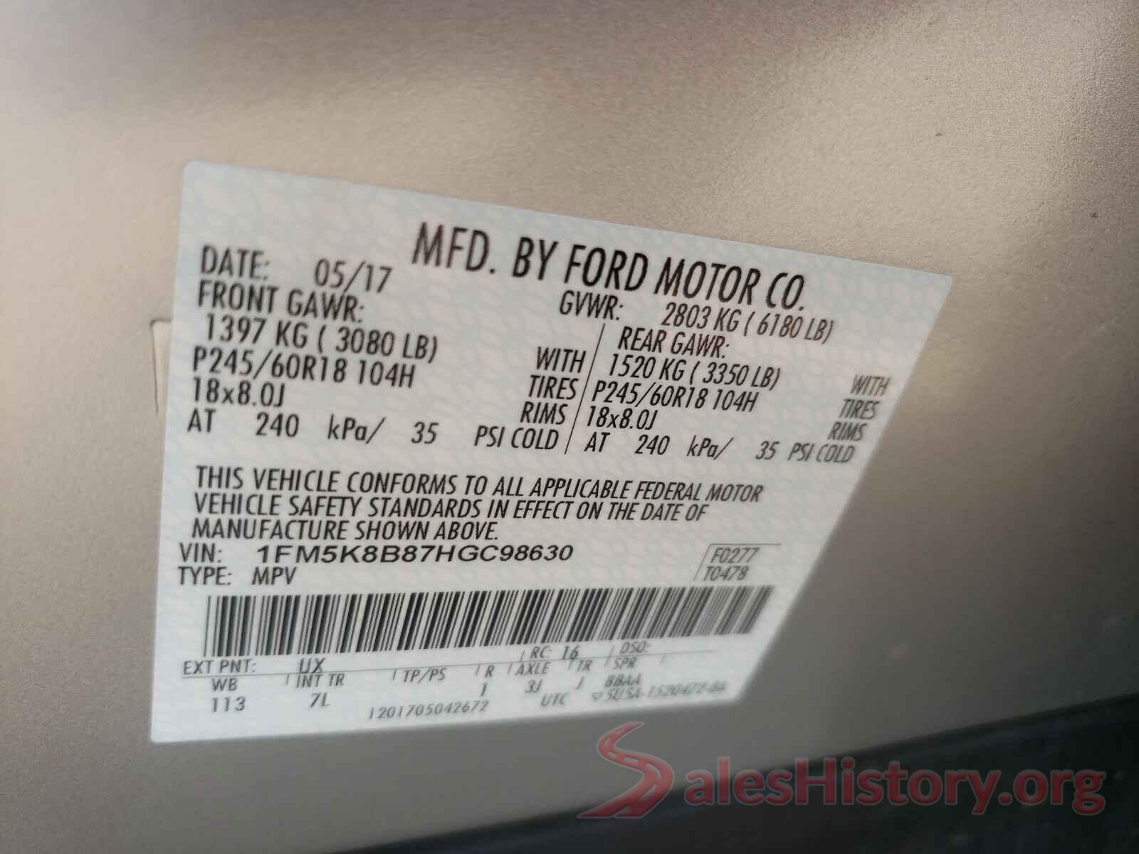 1FM5K8B87HGC98630 2017 FORD EXPLORER