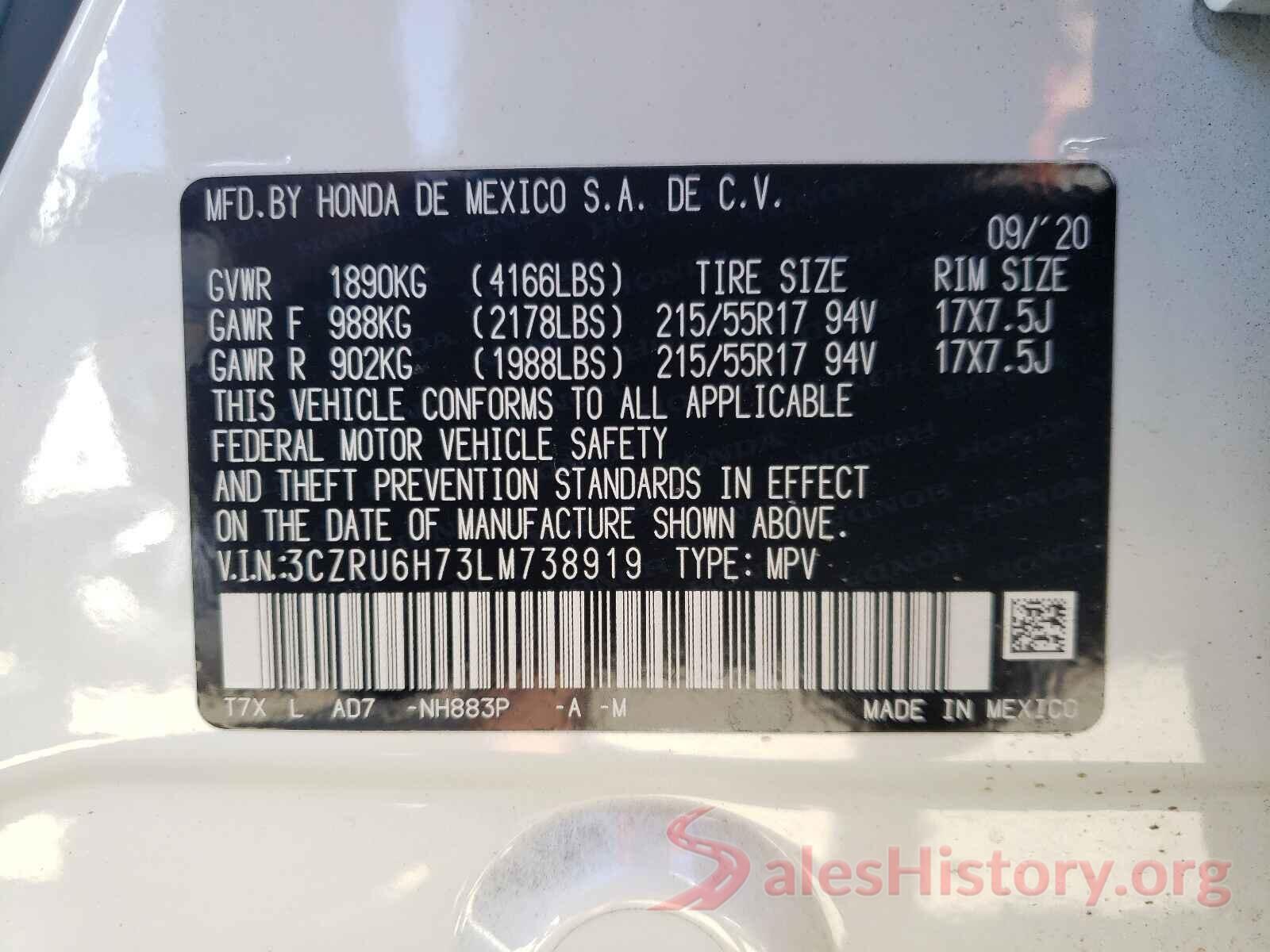 3CZRU6H73LM738919 2020 HONDA HR-V