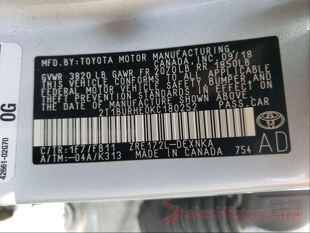 2T1BURHE0KC180252 2019 TOYOTA COROLLA