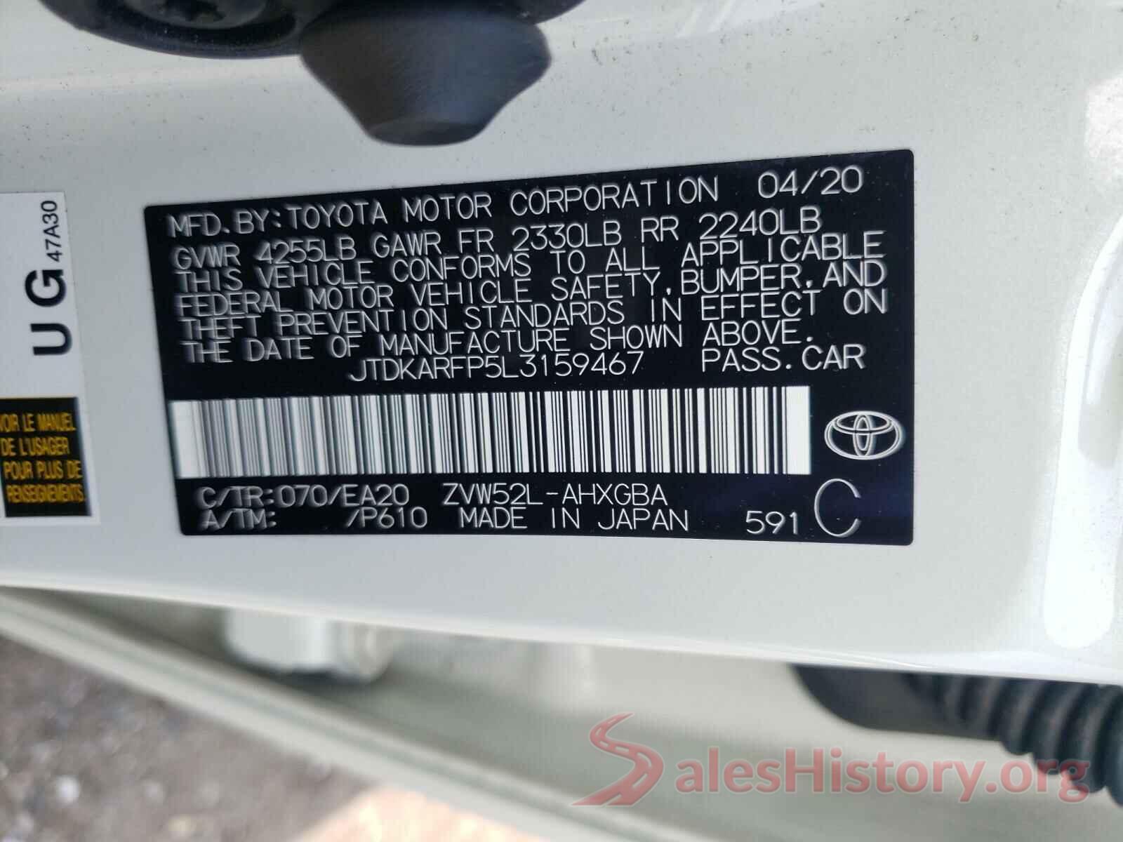 JTDKARFP5L3159467 2020 TOYOTA PRIUS