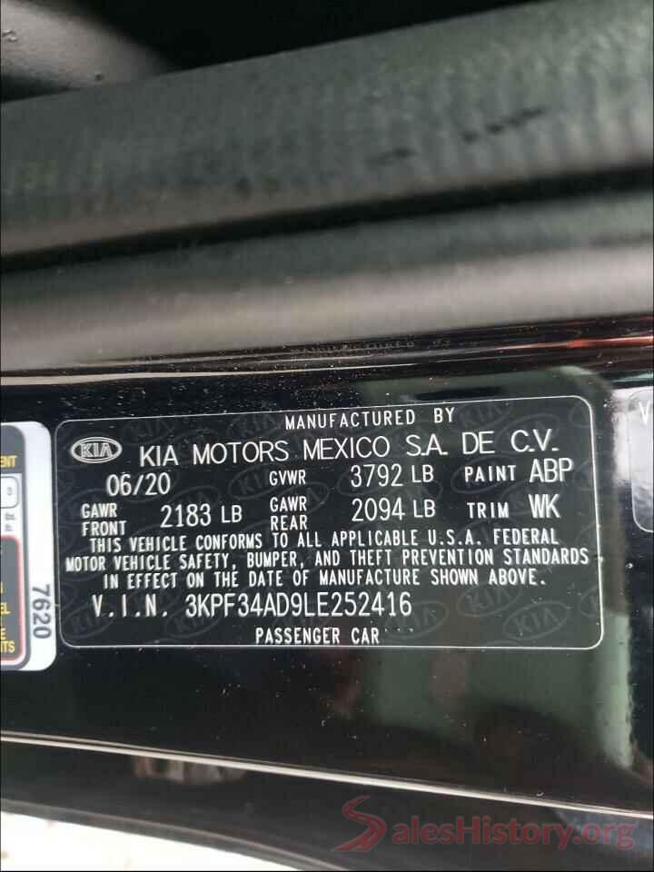 3KPF34AD9LE252416 2020 KIA FORTE