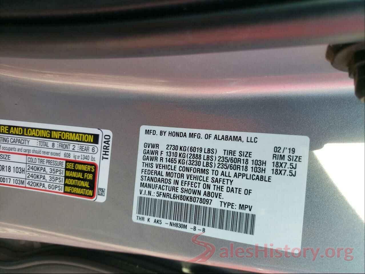 5FNRL6H80KB078097 2019 HONDA ODYSSEY