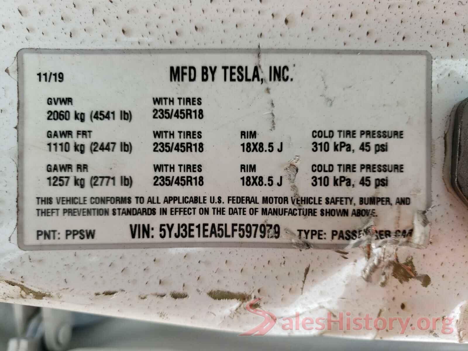 5YJ3E1EA5LF597979 2020 TESLA MODEL 3