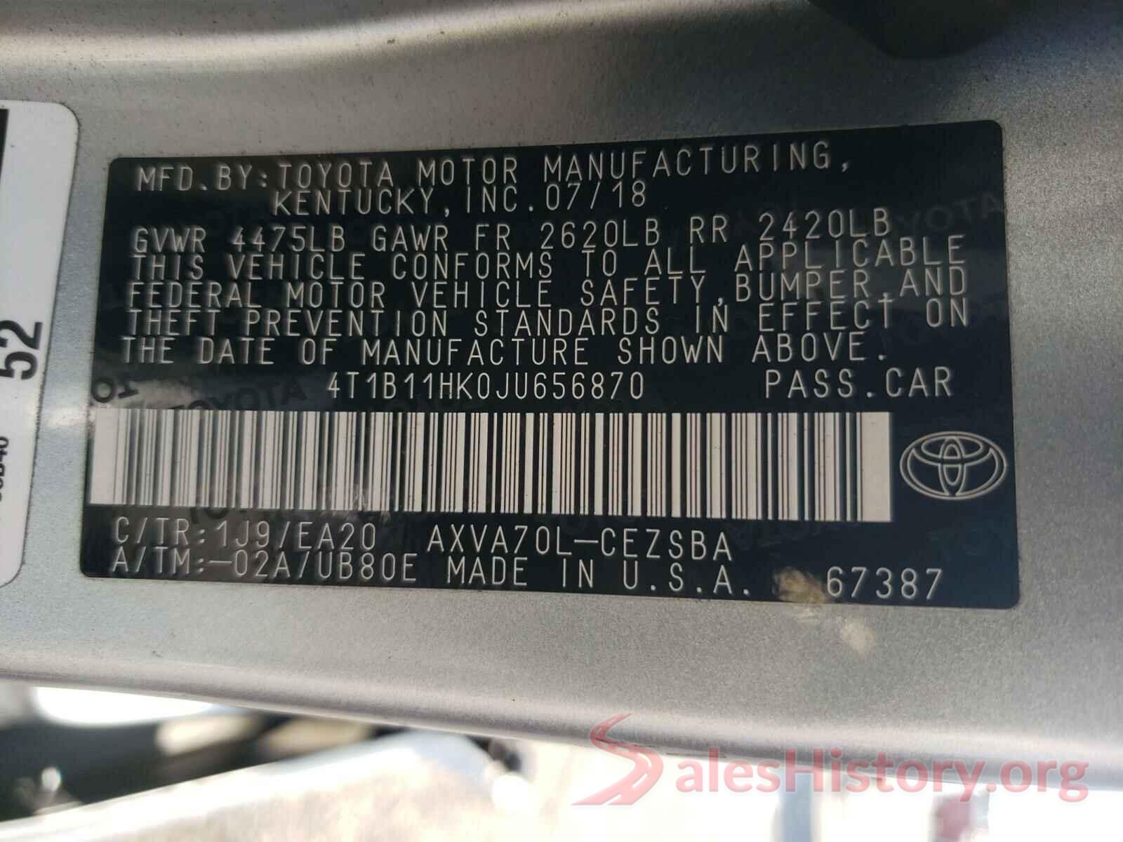 4T1B11HK0JU656870 2018 TOYOTA CAMRY