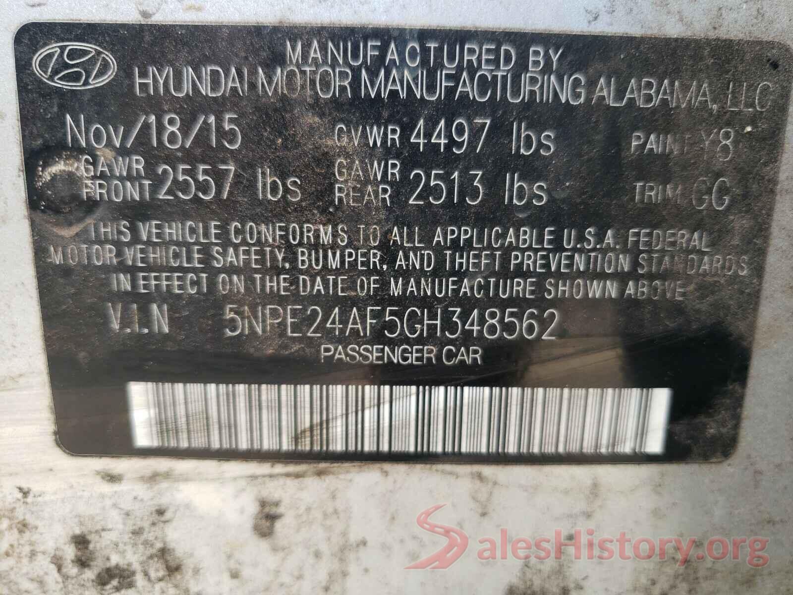 5NPE24AF5GH348562 2016 HYUNDAI SONATA