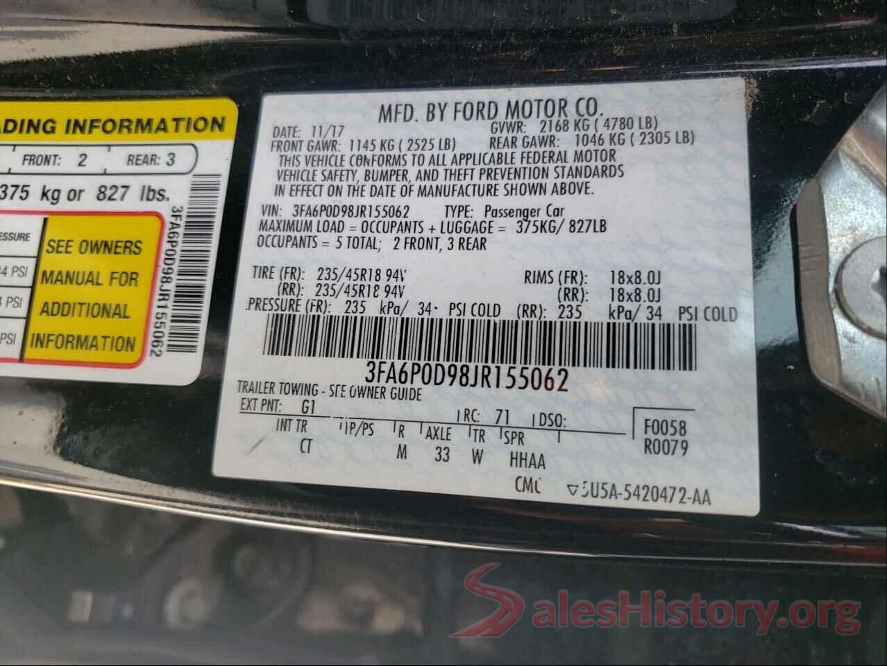 3FA6P0D98JR155062 2018 FORD FUSION