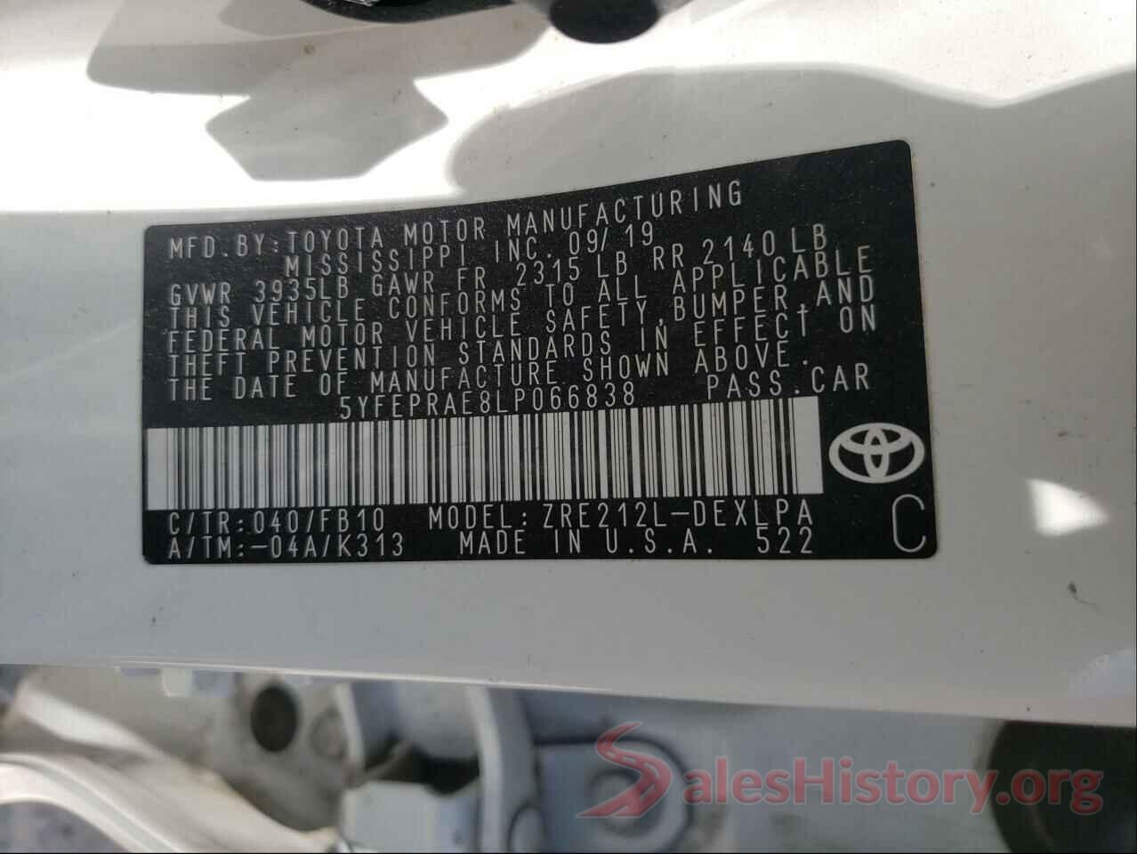 5YFEPRAE8LP066838 2020 TOYOTA COROLLA