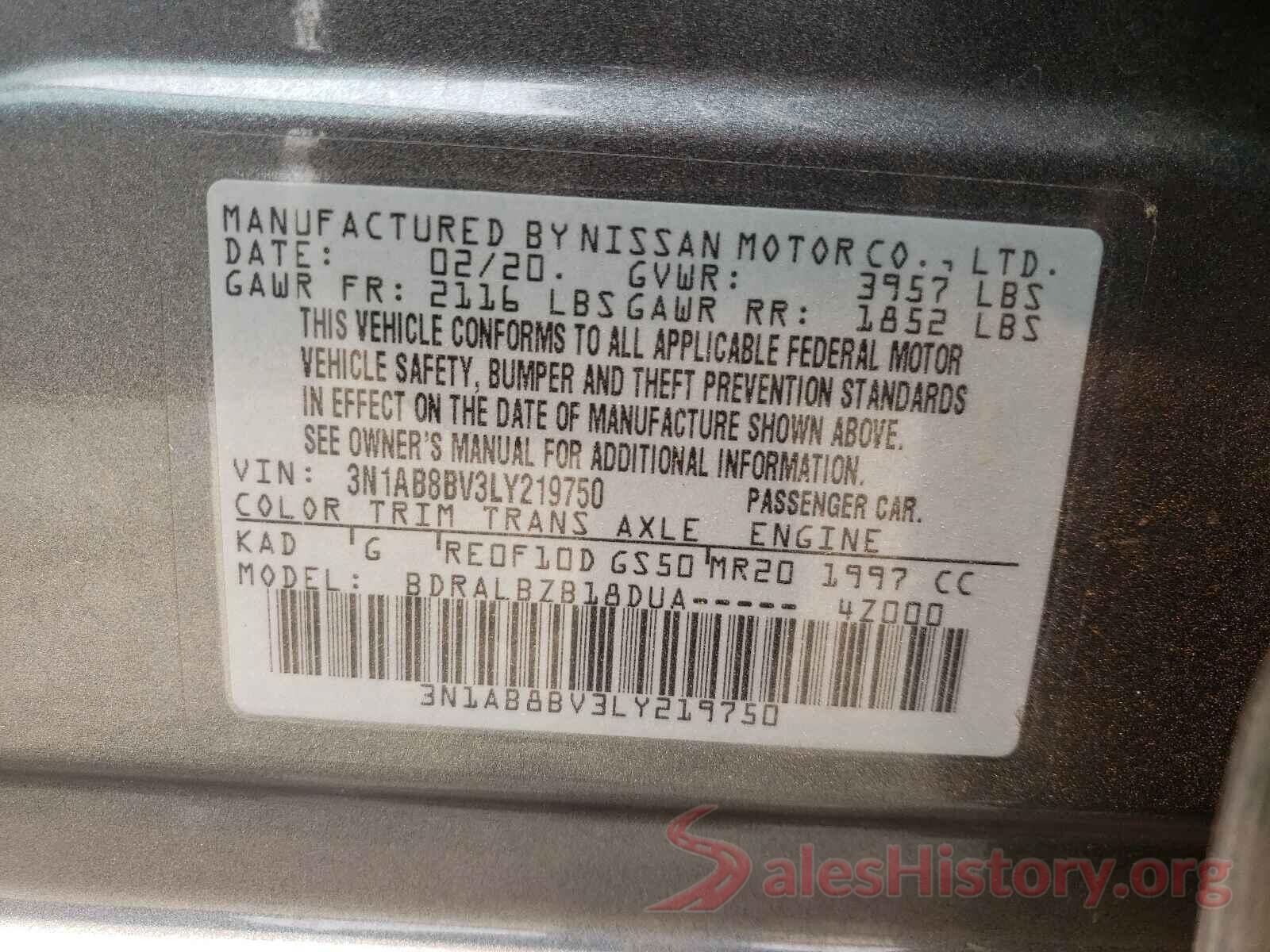 3N1AB8BV3LY219750 2020 NISSAN SENTRA