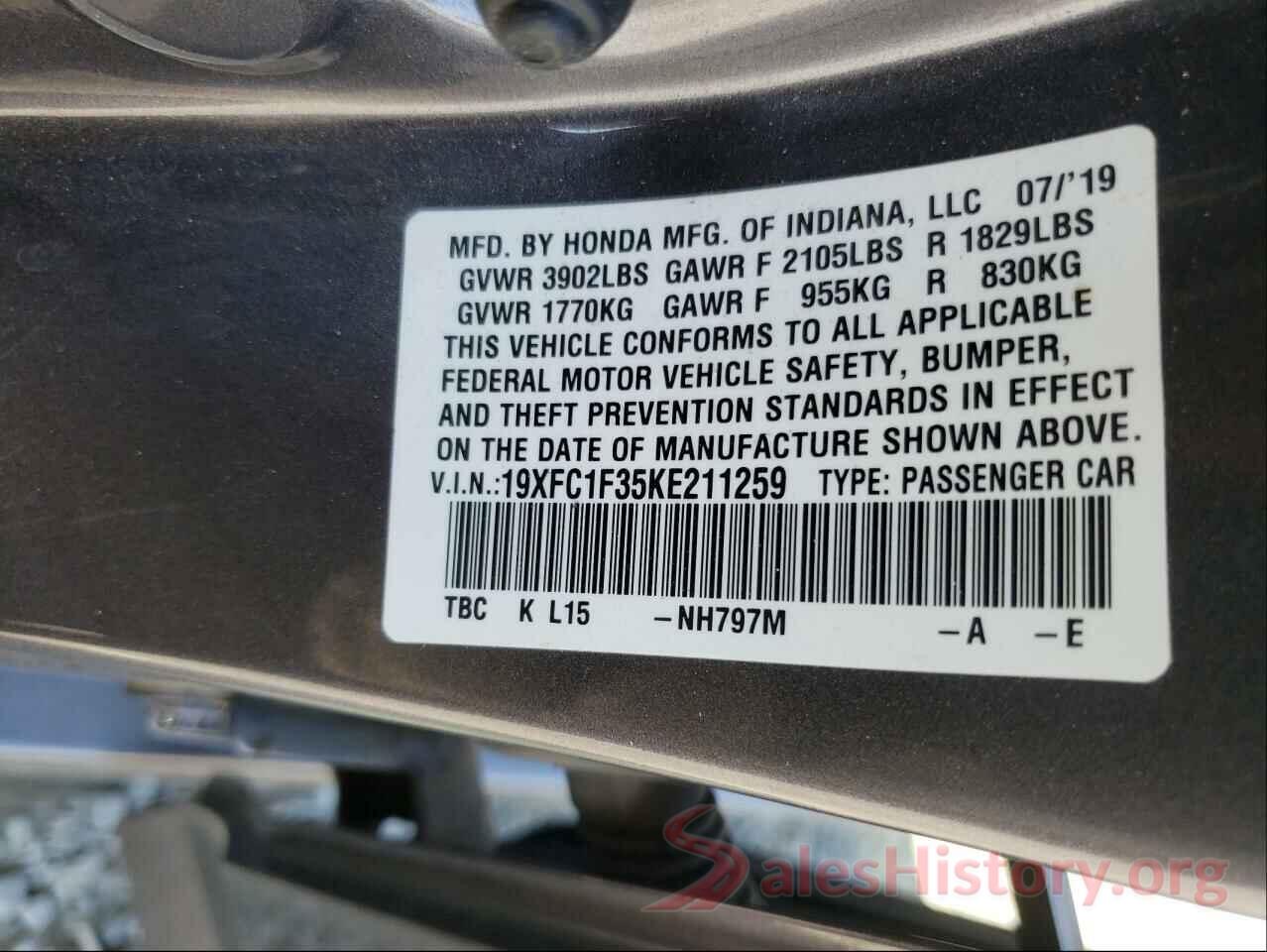 19XFC1F35KE211259 2019 HONDA CIVIC