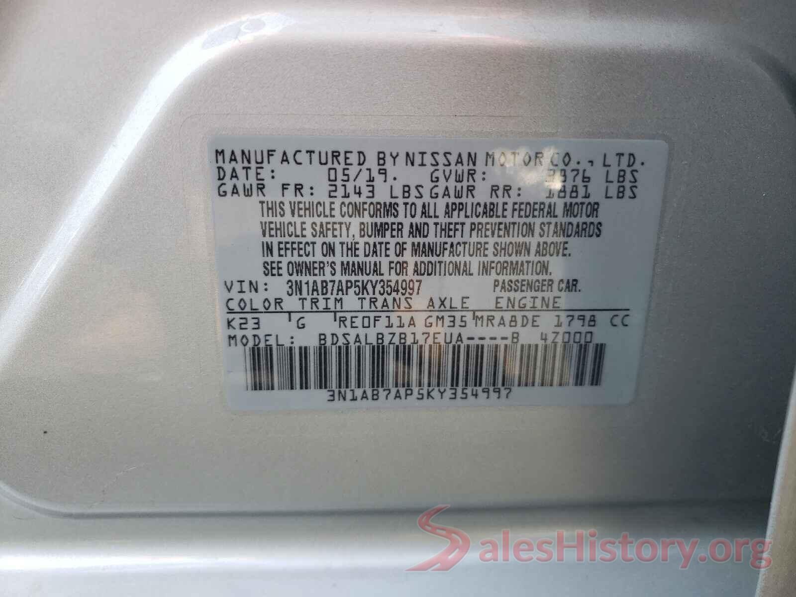 3N1AB7AP5KY354997 2019 NISSAN SENTRA