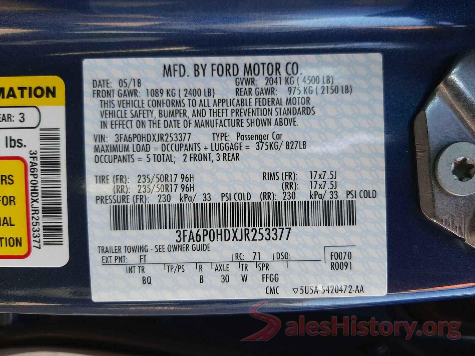 3FA6P0HDXJR253377 2018 FORD FUSION