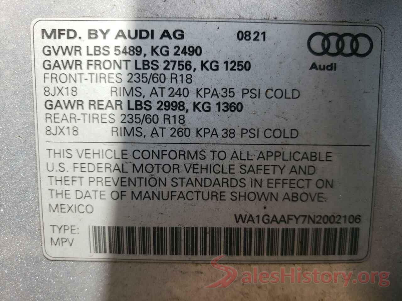 WA1GAAFY7N2002106 2022 AUDI Q5