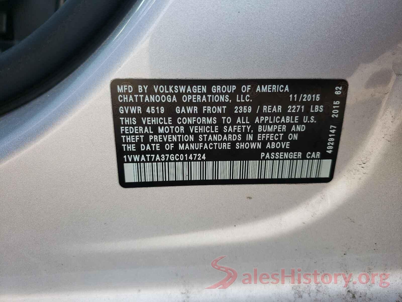 1VWAT7A37GC014724 2016 VOLKSWAGEN PASSAT