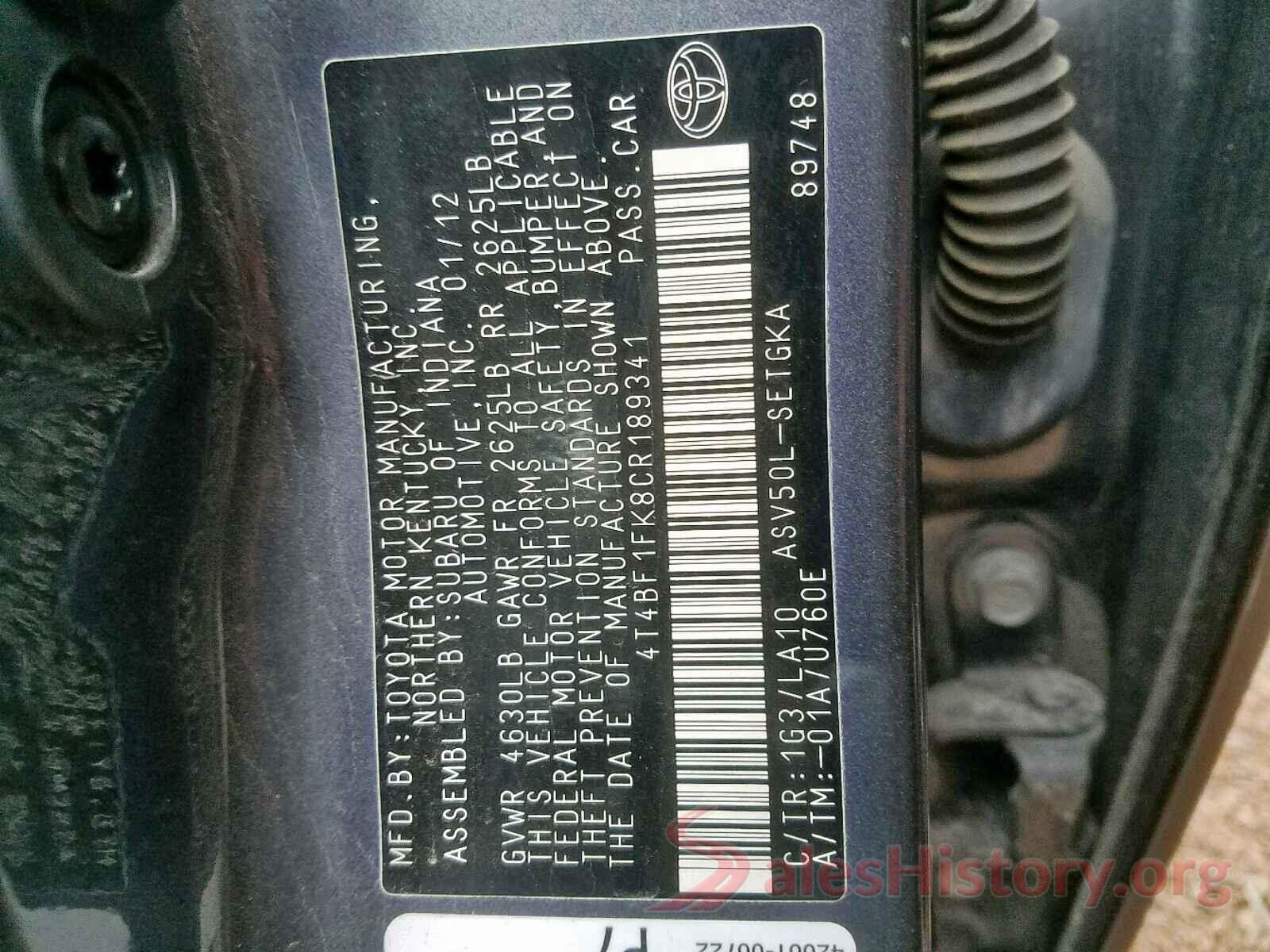 4T4BF1FK8CR189341 2012 TOYOTA CAMRY BASE