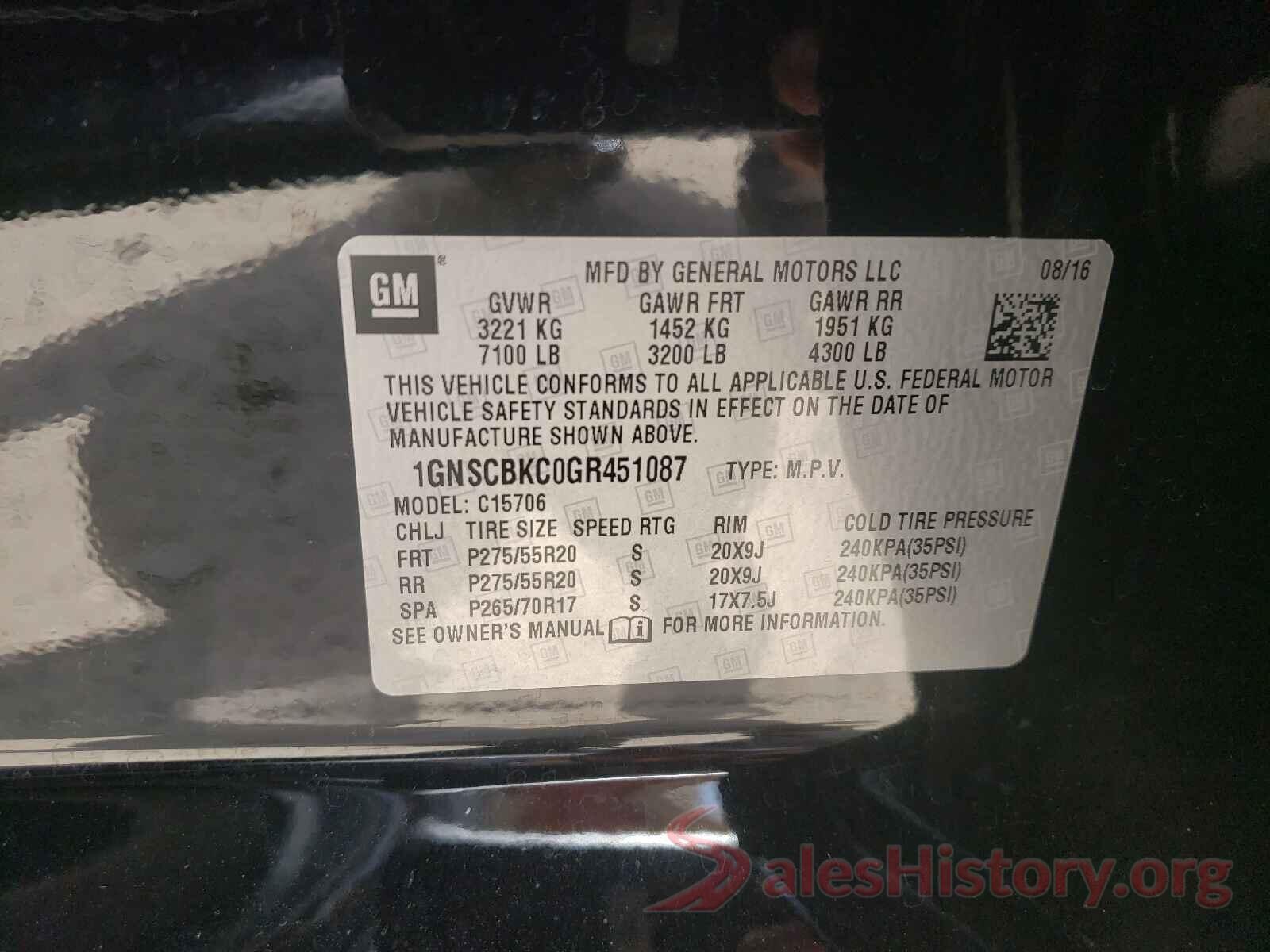 1GNSCBKC0GR451087 2016 CHEVROLET TAHOE