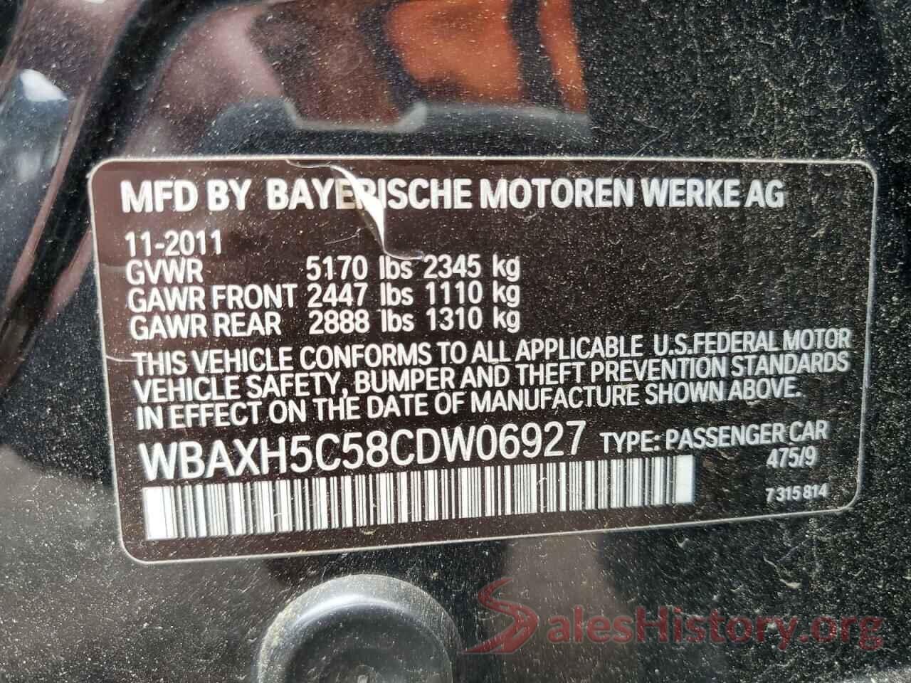 WBAXH5C58CDW06927 2012 BMW 5 SERIES