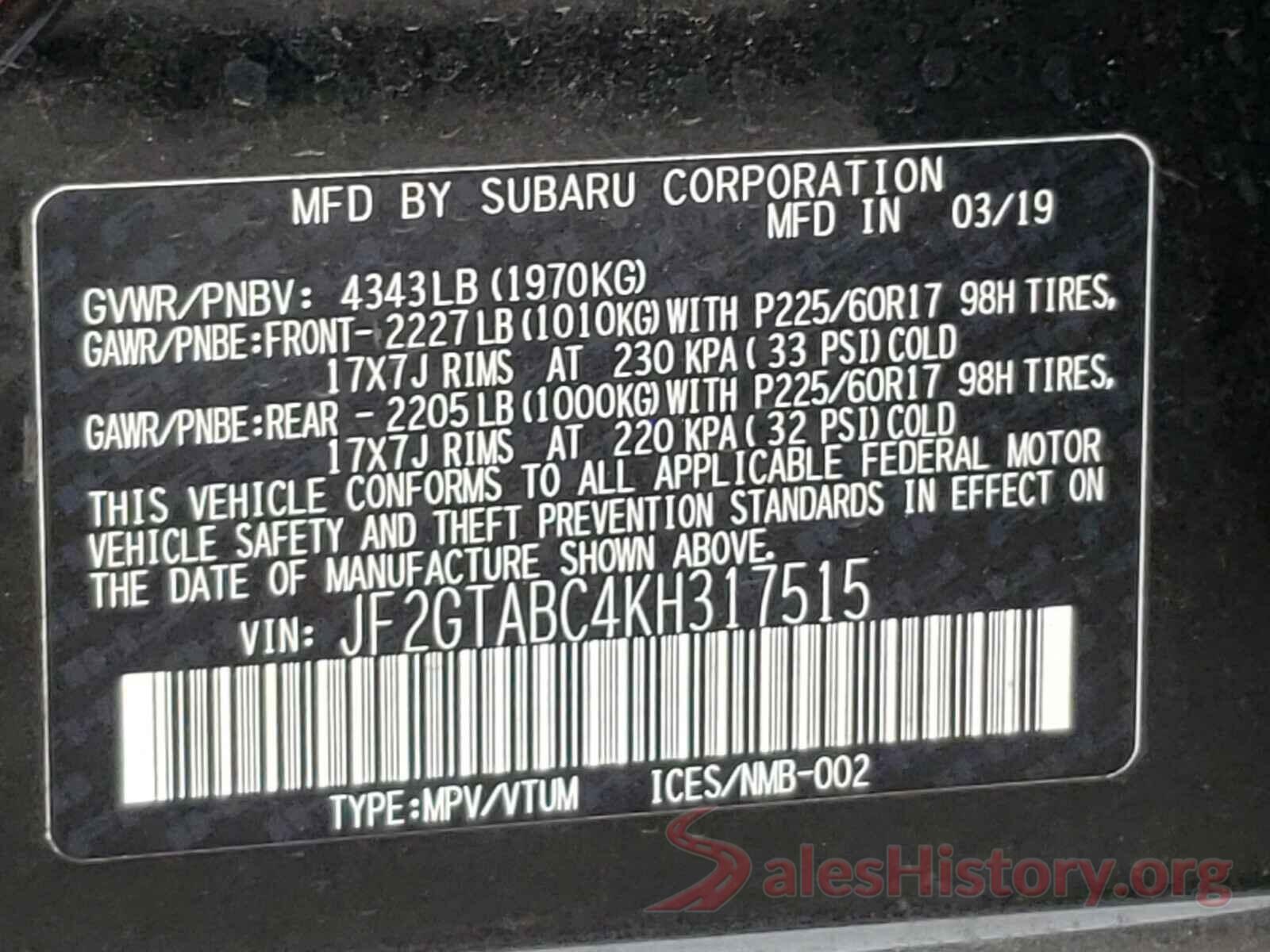 JF2GTABC4KH317515 2019 SUBARU CROSSTREK