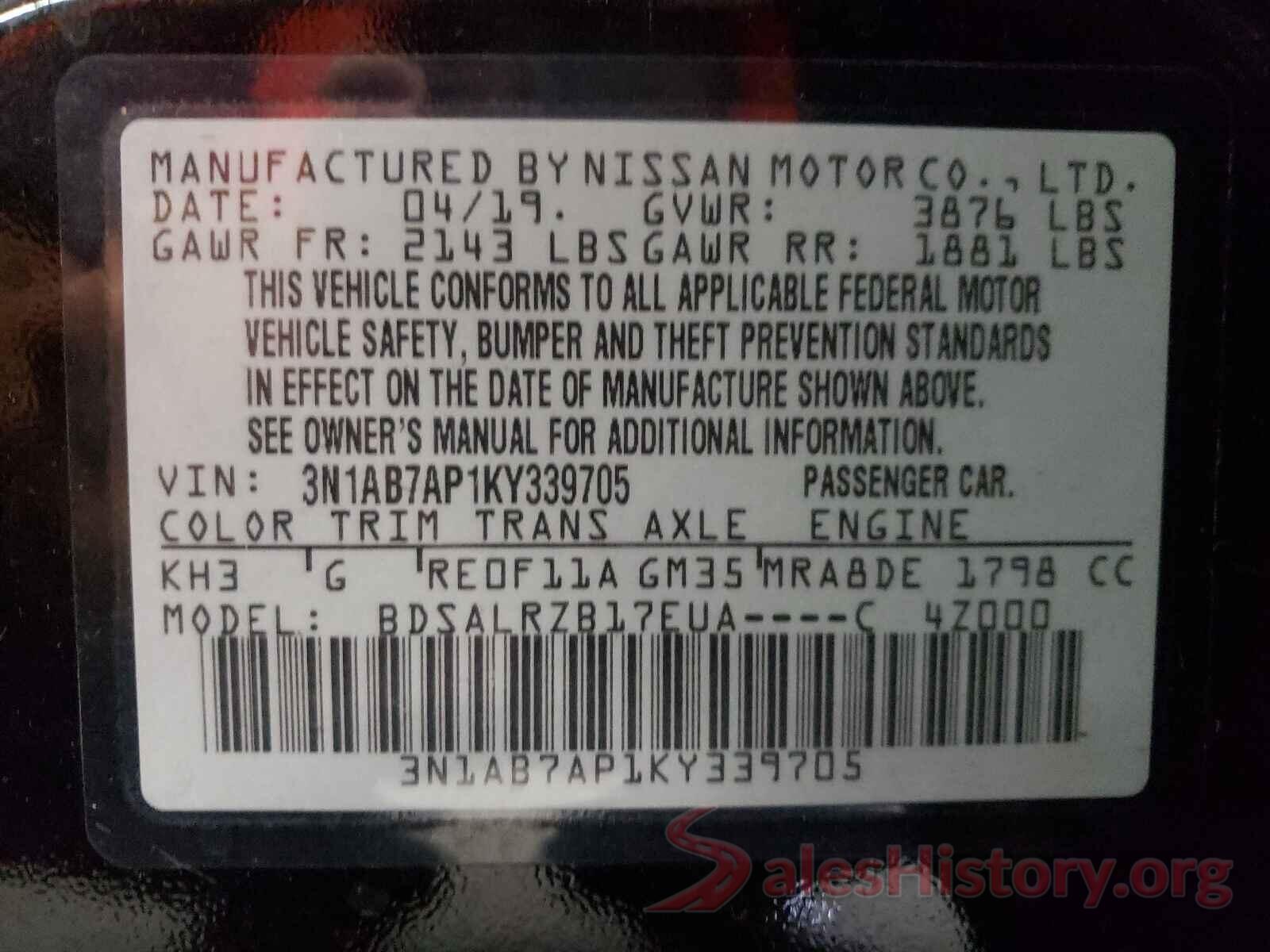 3N1AB7AP1KY339705 2019 NISSAN SENTRA