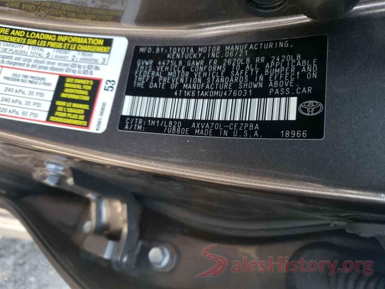 4T1K61AK0MU476031 2021 TOYOTA CAMRY