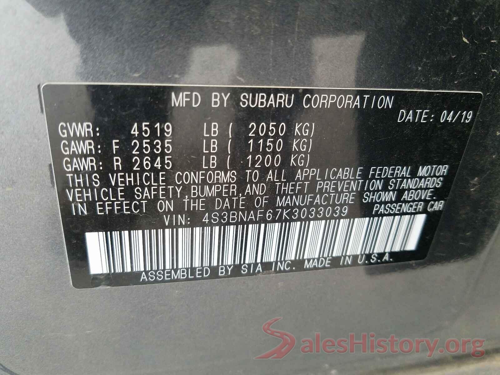 4S3BNAF67K3033039 2019 SUBARU LEGACY