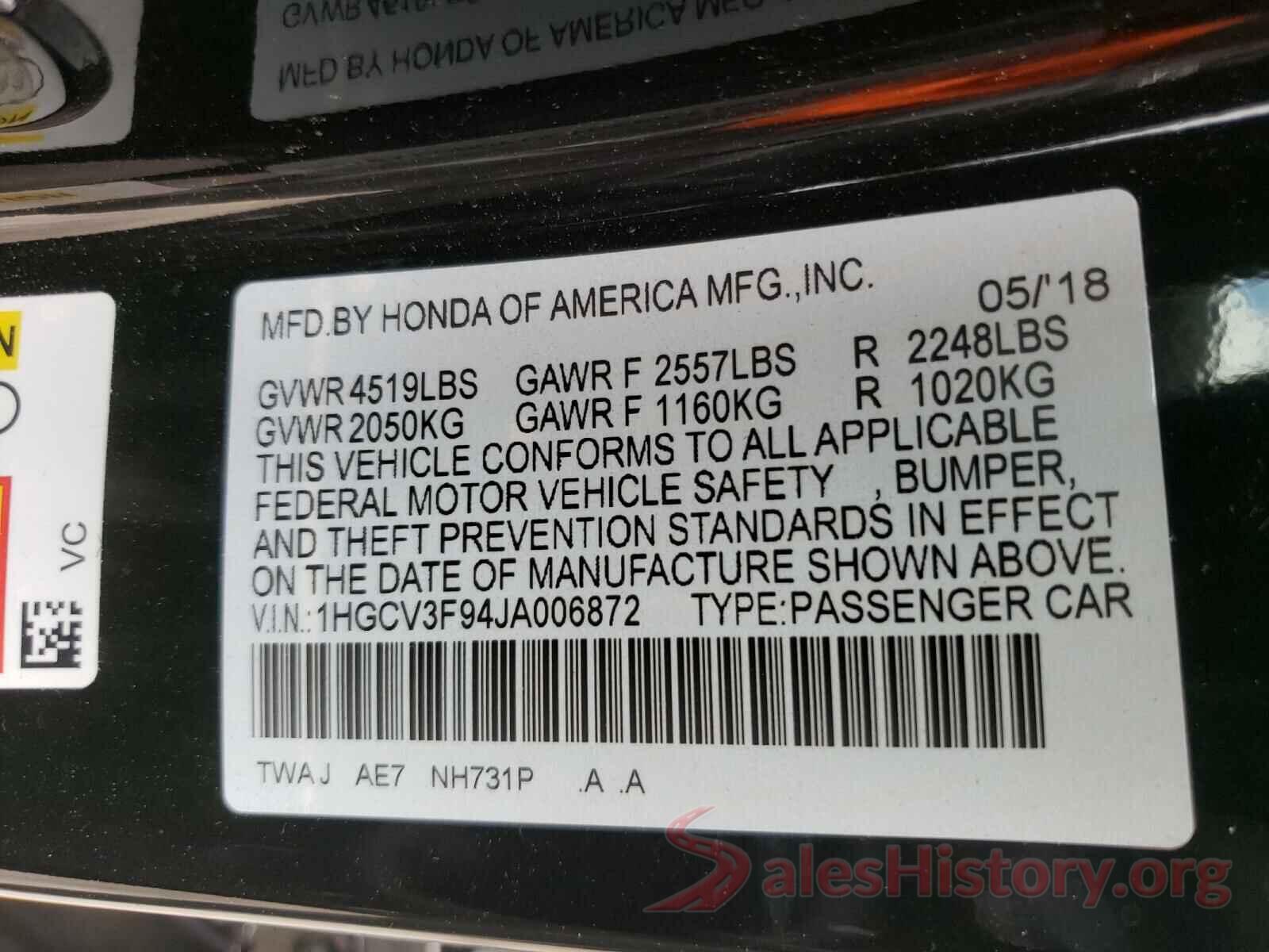 1HGCV3F94JA006872 2018 HONDA ACCORD