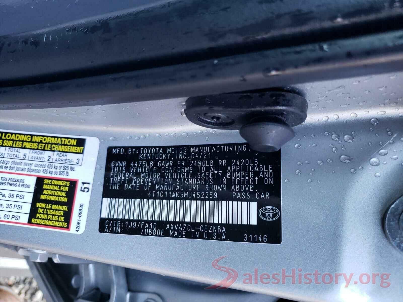 4T1C11AK5MU452259 2021 TOYOTA CAMRY