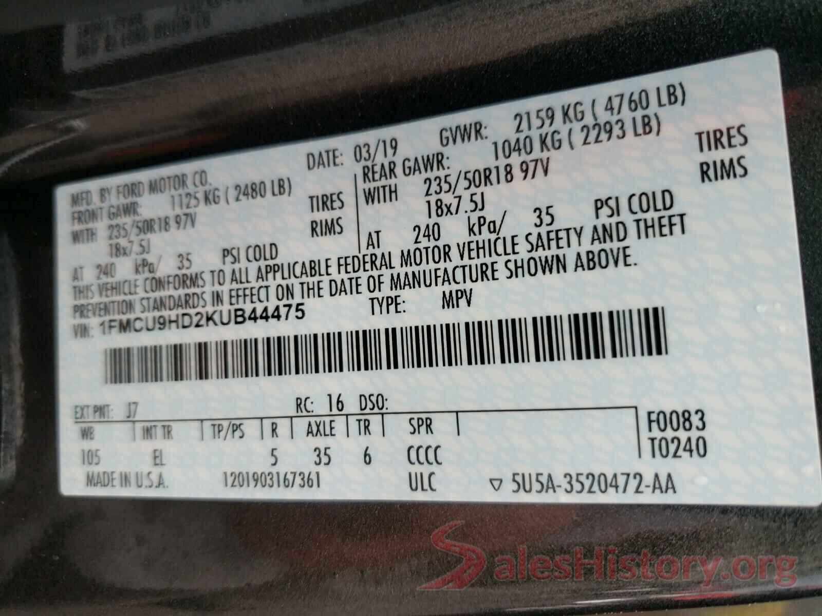 1FMCU9HD2KUB44475 2019 FORD ESCAPE